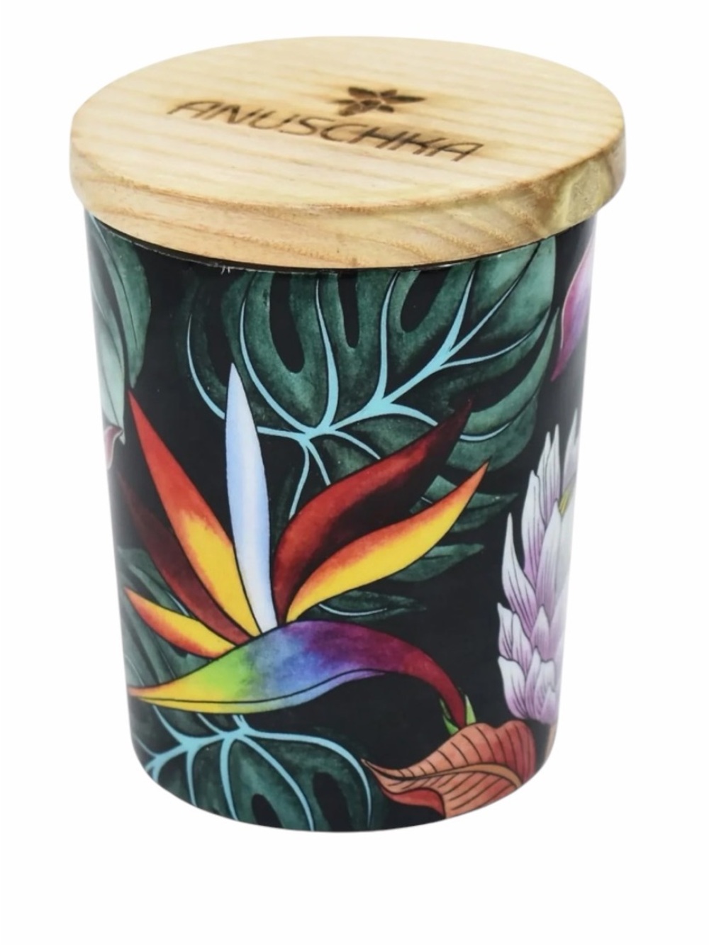 Anuschka Printed Glass Candle Jar Pattern: Island Escape Black NWT/In Box